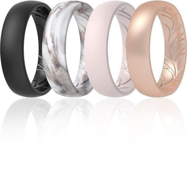 ThunderFit Women Silicone Wedding Bands, Breathable Leaf Cross Pattern Rubber Engagement Rings 5.5mm Wide 1.6mm Thick - 1/4 Variety Multipack