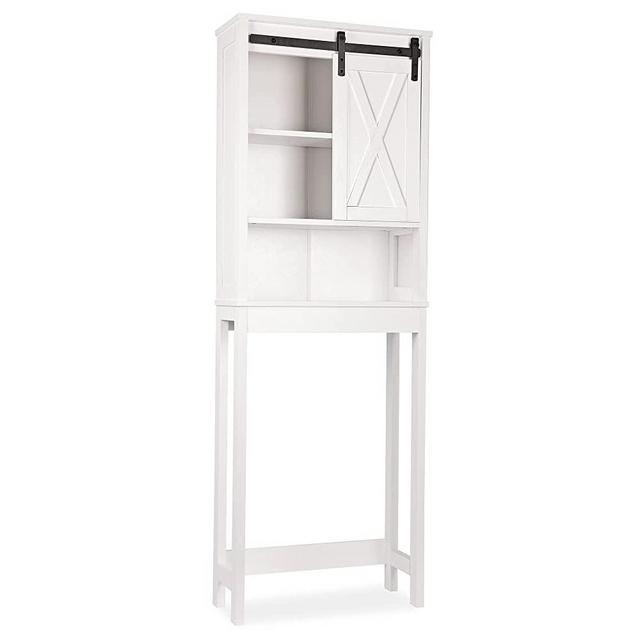 Xilingol Bathroom Storage Over The Toilet, Bathroom Cabinet Organizer with Adjustable Shelves and Sliding Doors, Wood Bathroom Space Saver, Wooden Frame, White