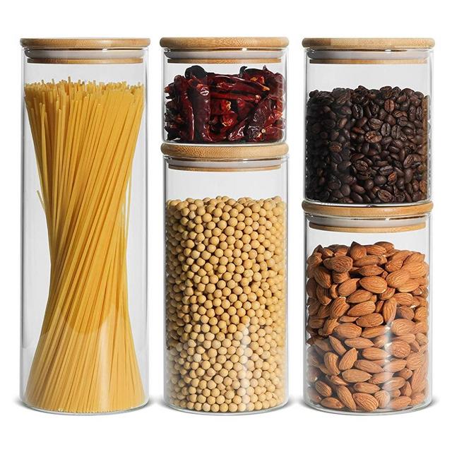 ComSaf Food Storage Container with Airtight Bamboo Lid Set of 5, Clear Glass Canister Food Jar with Sealing Lid Kitchen Pantry Storage Container for Sugar Flour Cereal Pasta Snack Tea Coffee Beans