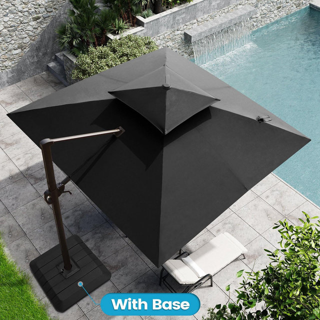 Crestlive Products 10FT Square Double Top Offset Cantilever Umbrella with Base UV30+ Outdoor 360 Degree Rotation 6 Heights Adjustable Umbrella Black