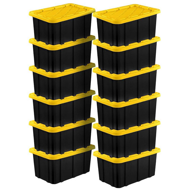 Sterilite 12-Pack Stackable Storage Bins, Heavy Duty Totes w/Lids, 17 Gallon, Black/Yellow