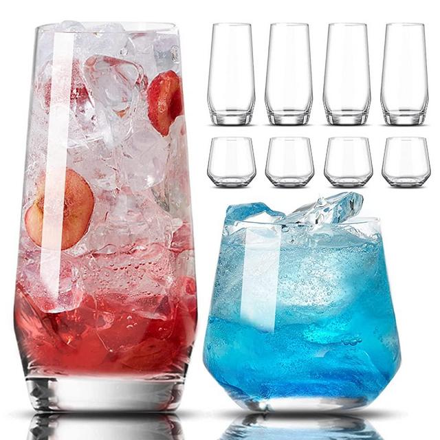 Mfacoy Drinking Glasses Set of 8 - 4 Tall Glass Cups 18 oz & 4 Short Stemless Wine Glasses 13 oz, Highball Glasses, Glassware Sets for Cocktail, Beer, Wine, Whiskey, Water & Juice Drinkware