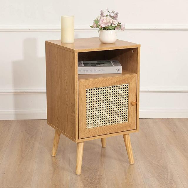 Betterhood Rattan Nightstand, Wooden Bedside Table End Table for Living Room and Bedroom