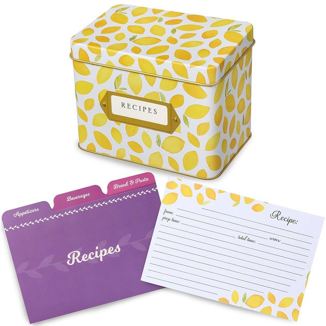 Jot & Mark Recipe Card Gift Box, 25 4x6 inch Cards, 14 Dividers, Decorative Tin Box