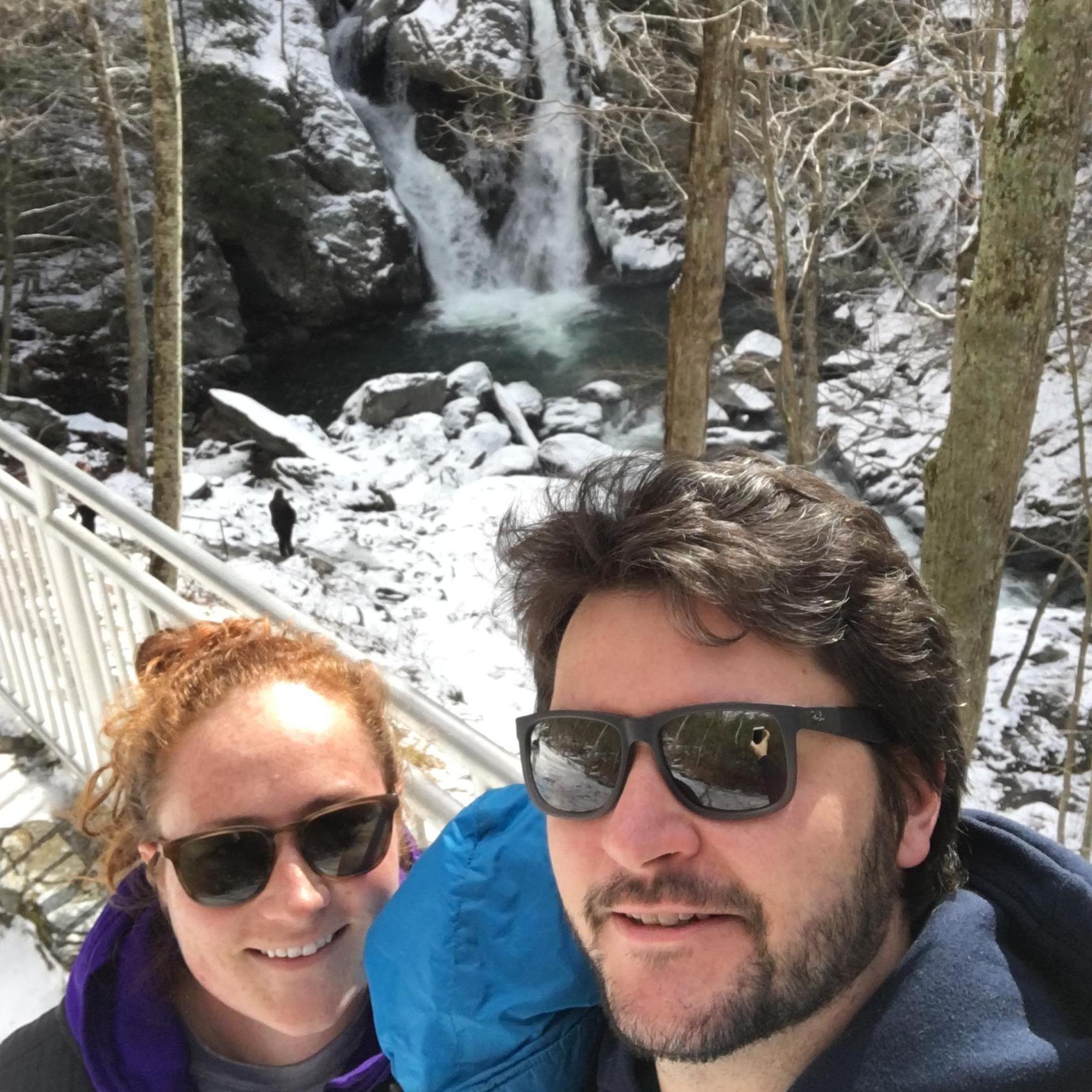 Hiking to the waterfalls near our house.