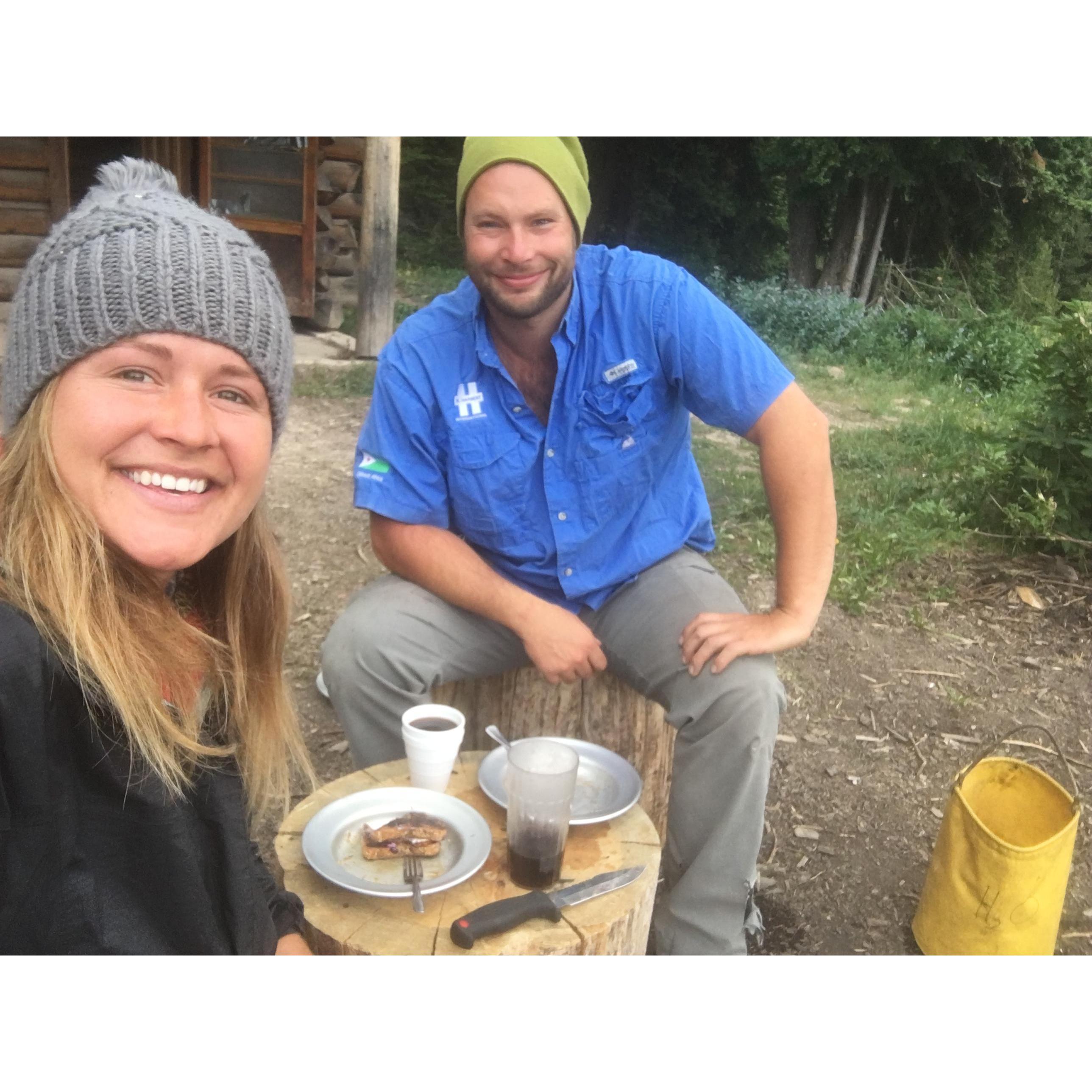 Cabin Creek Montana blueberry, goat cheese stuffed french toast of the fire. 
Where Jennys Grampa and Tells Dad and Grampa when packing with mules and donkeys.