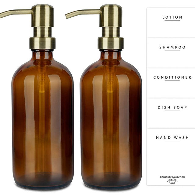 Emerson Essentials Thick Glass Soap Bottle Dispensers, 2 Pack, Rustproof Stainless Steel Pumps for Dishes, Liquid Lotion Jars for Bathroom, Kitchen Sink, 16 Ounce, 5 Waterproof Labels, No Peel – Amber