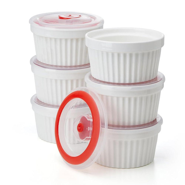 Sweese 8 oz Ramekins with Lid, Porcelain Creme Brulee Souffle Dishes, White Pudding Custard Cups Ramiken for Baking, Dishwasher and Oven Safe, Set of 6