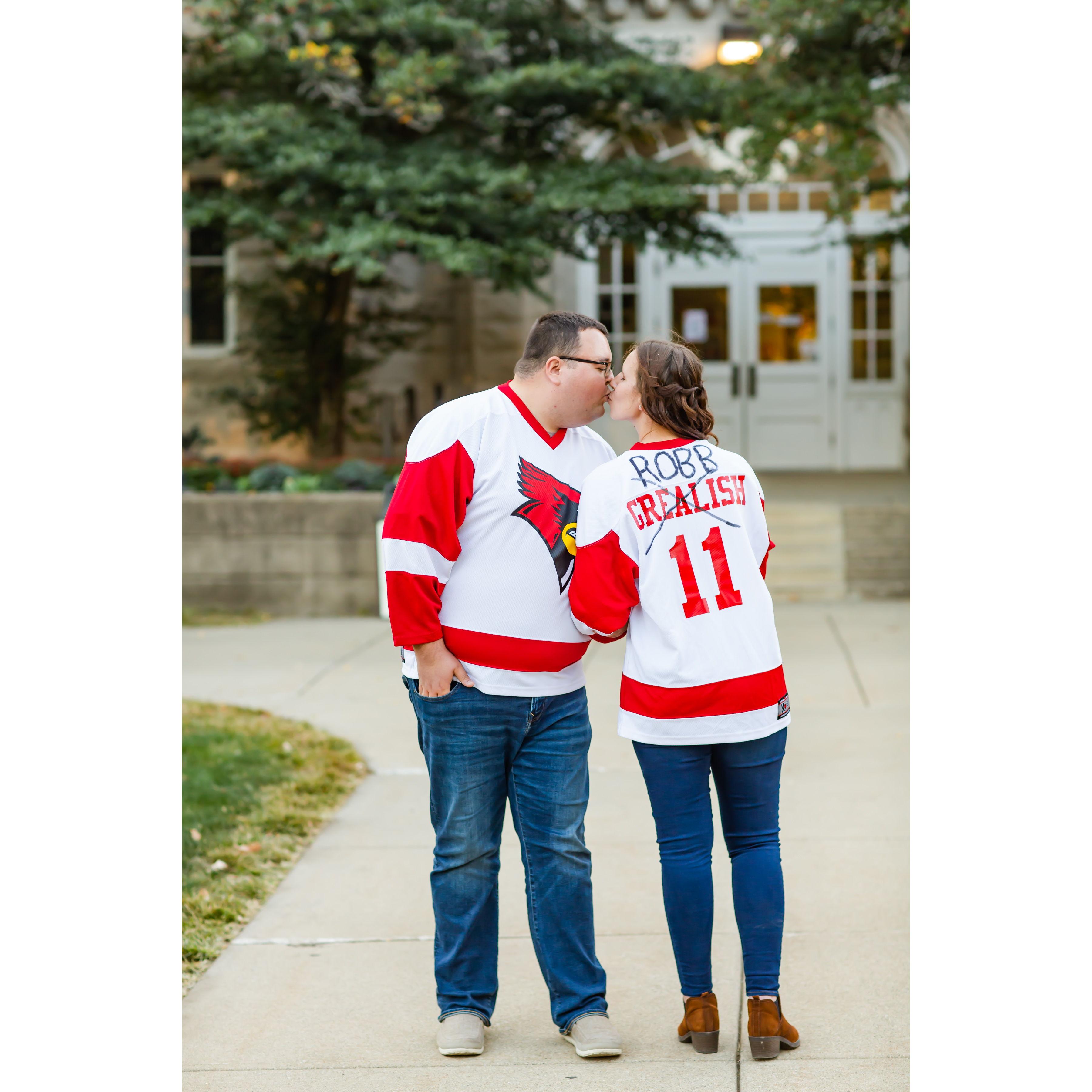 We met as trumpet players in ISU's Big Red Marching Machine! These are the jerseys we wore for pep band!