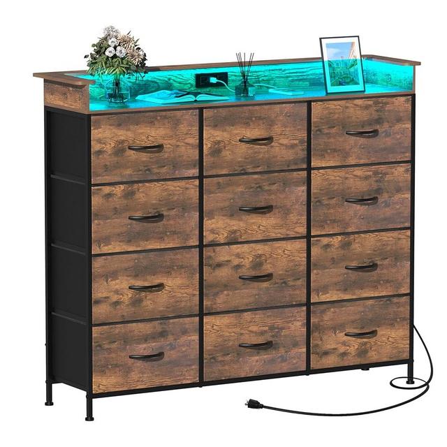 Welfuturer Dresser for Bedroom with 12 Drawers Clothes Dresser with Charging Station and LED Light Fabric Storage Tower for Living Room Hallway Closet Sturdy Steel Frame Wooden Top Rustic Brown