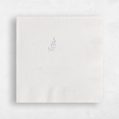 White Wedding Napkin - Leafy Monogram