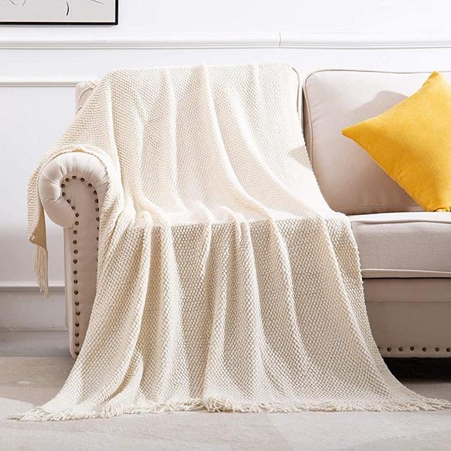 SPAOMY Knitted Throw Blanket with Tassels 3D Bubble Textured Lightweight Decorative Throws Blanket for Couch Cover Home Decor (Beige, 50x60)