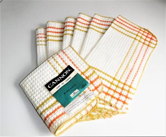 Vintage Cannon Dish Cloths Set of 7  100% Cotton  Orange Yellow Gold on White New Old Stock Waffle Weave Kitchen Towels