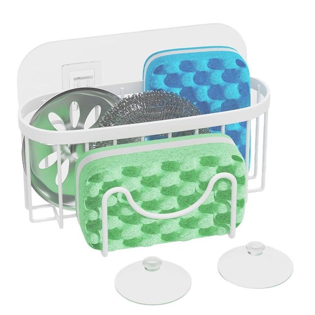 HapiRm Sponge Holder for Kitchen Sink - Sink Caddy with Unique M-Shaped, 2 Installation Methods Kitchen Organizer, Rustproof Stainless Steel Sponge Caddy - White