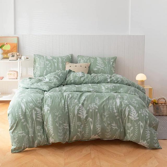 JANZAA Queen Comforter Set Sage Green Comforter,3 PCS Bedding Sets Floral  Comforter Set Plant Flowers Printed on Fluffy Comforter Set for All Season