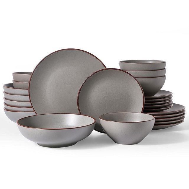 Famiware Venus Speckled Dinnerware Set, 24-Piece Stoneware Dishes for 6, Matte Dark Gray - Includes Pasta Bowls & Dinner Plates for Everyday Meals or Formal Dining, Microwave & Dishwasher Safe