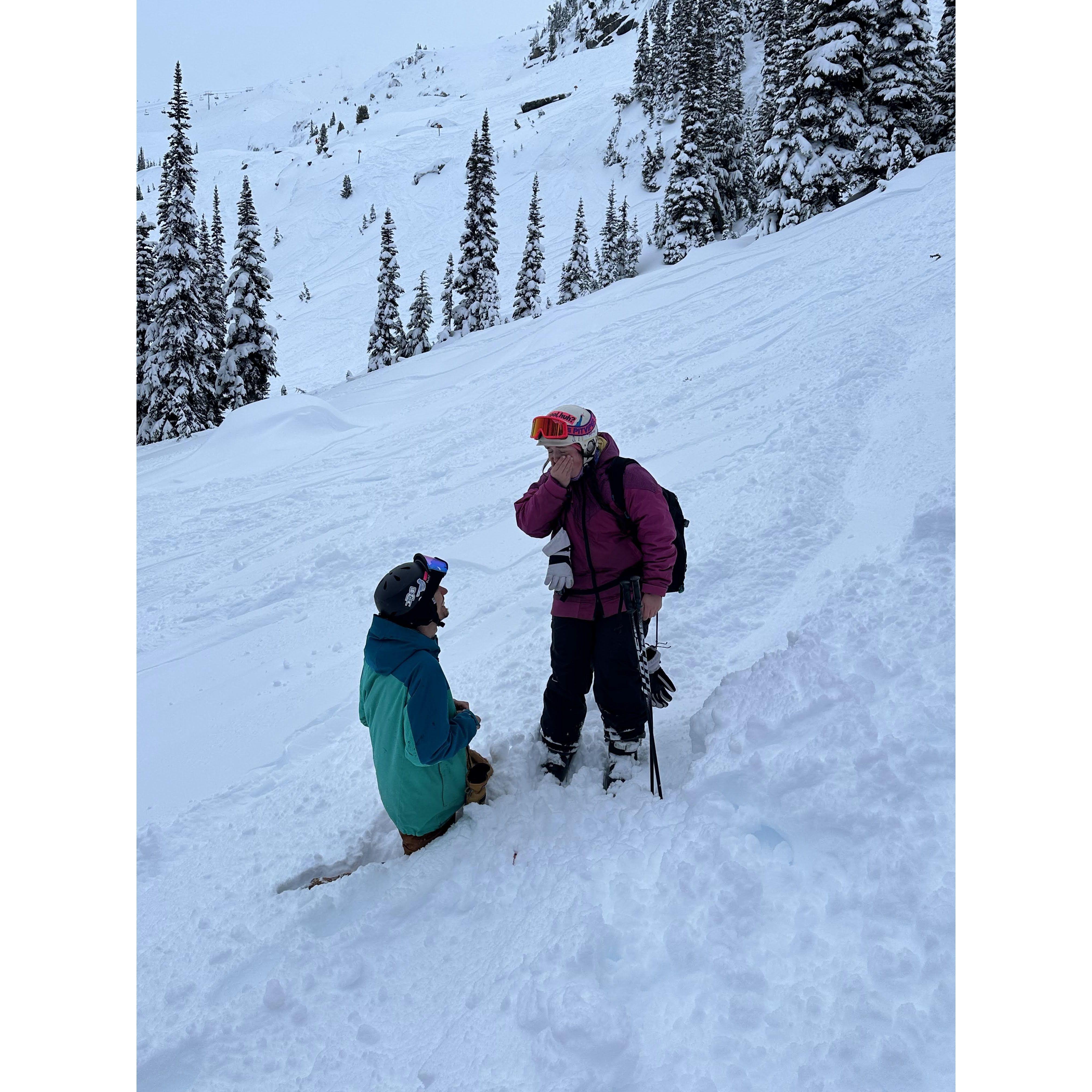 Step 3: Sink into the snow on one knee.