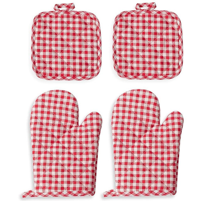 4PCS Oven Mitts and Pot Holders Set,High Heat Resistant 250 Degree Extra Thicken Kitchen Cotton Oven Glove for Cooking,Long Baking Gloves and Hot Pads for Kitchens,Grilling & Microwave,Baking Gifts