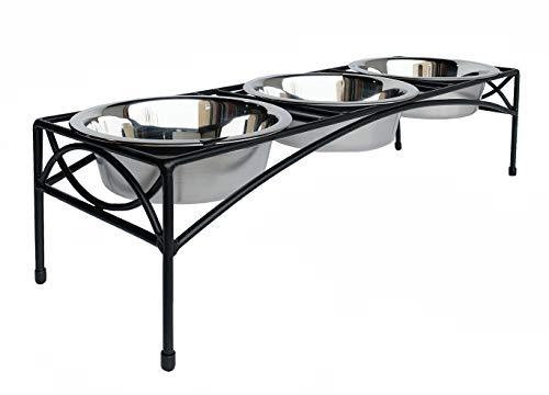 NMN Designs Regal Triple Bowl Elevated Diner - 7" Tall - Raised Dog Feeder, Black, Three Bowl Pet Feeding Station, Food, Water, Elevated Pet Bowls - Metal/Steel - Best - Stainless Bowls