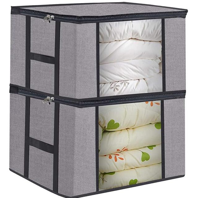 Foldable Large Clothes Comforter Storage Bags, Breathable Linen Closet Storage and Organizers for Blankets, with Sturdy Zippers Clear Window, Set of 2 Grey with Printing