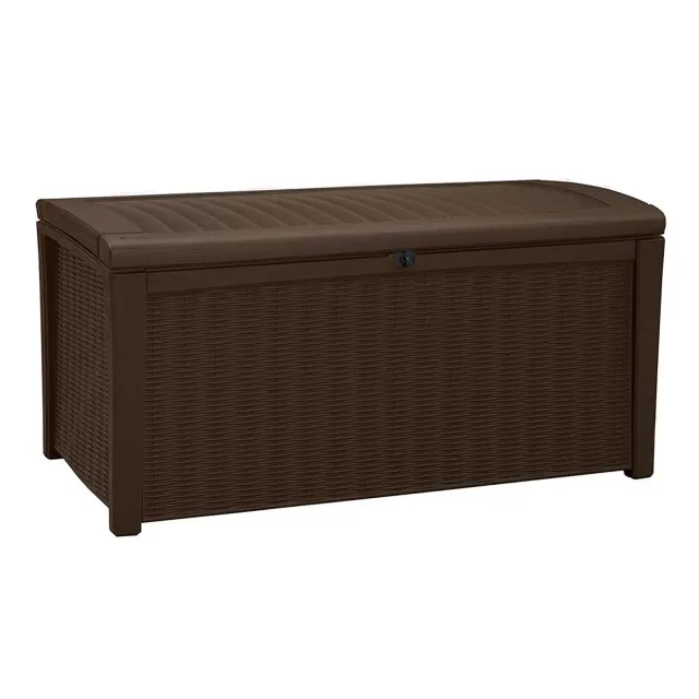 Keter Borneo 110 Gallon All Weather Rattan Wicker Plastic Outdoor Backyard Patio Porch Garden Lockable Organization Storage Deck Box Bench, Brown
