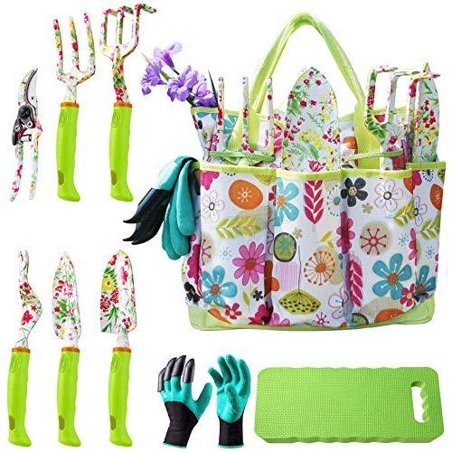 NAYE Garden Tool Set,Gardening Gifts for Women with Gardening Gloves,Garden Tote,Kneeling Pad,Hand Pruner,Trowel,Hand Rake,Weeder,Fork,Transplanter