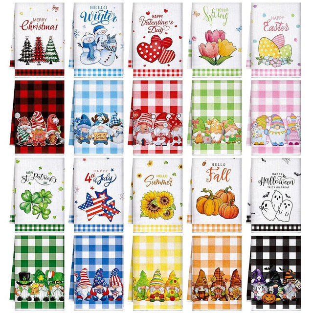 FuWeave 20 Pcs Seasonal Kitchen Towels Decorative Set Halloween Christmas Winter Valentines Day Holiday Hand Dish Towels 16 x 24 Inch Tea Towels Cute Dishcloths Wash Cloths with Hanging Loop(Gnome)