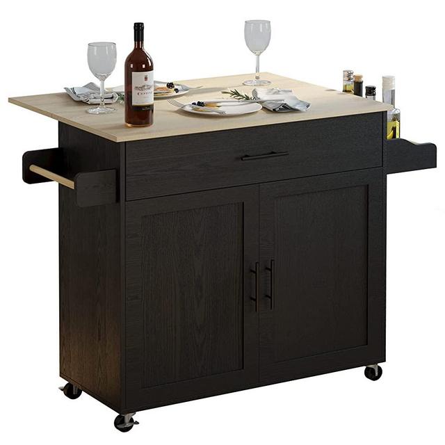 IRONCK Kitchen Island with Storage, Rolling Kitchen Island Table on Wheels with Drop Leaf, Storage Cabinet, Drawer, Spice Rack, Towel Rack, Kitchen Cart for Kitchen, Black