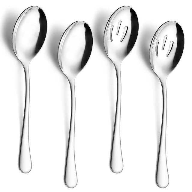 E-far Large Serving Spoons Set of 4, 9.8 Inch Stainless Steel Serving Utensils Set Includes Slotted & Solid Spoons for Buffet Party Catering Wedding Kitchen Restaurant, Dishwasher Safe