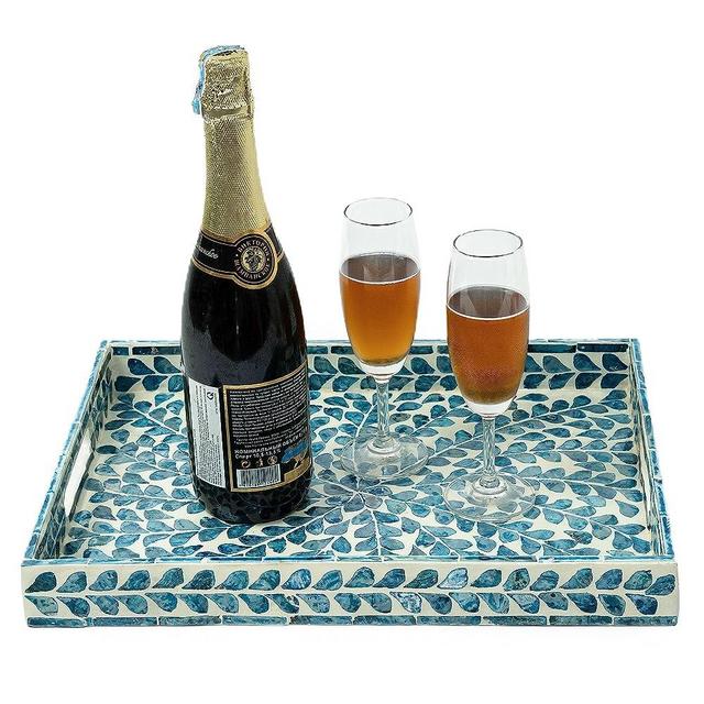 CLAYNIX Serving Tray 15.7" X11.8", Lacquer Mother of Pearl Inlay Mosaic Tray, Rectangle Wooden Marble Tray with Handles Trays for Tea, Breakfast in Bed, Table (Blue)