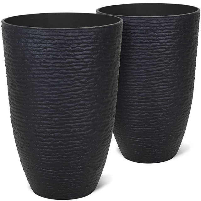 Worth Garden Tall Tree Planters for Outdoor Plants 21'' Resin Large Round Black Flower Pots for Trees Imitation Stone Finish Plastic 2 Pack Indoor Front Porch 9 Gallon Decorative Container Patio Deck