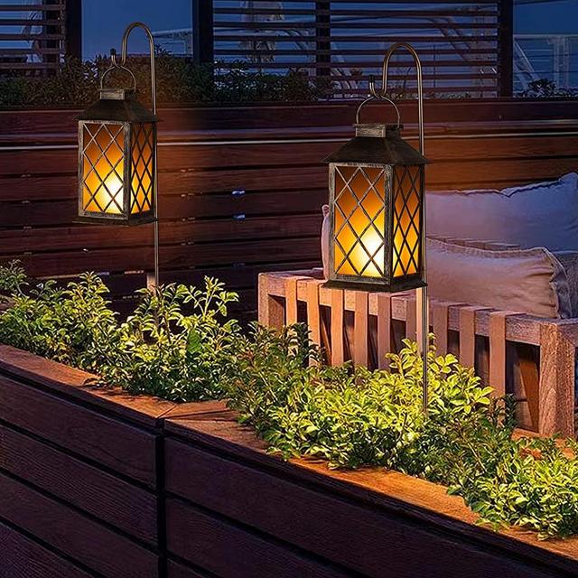 2Pack Solar Metal Hanging Lantern Flickering Flameless Candle with Shepherd Hook Outdoor Garden Lights for Table,Pathway,Party Decoration