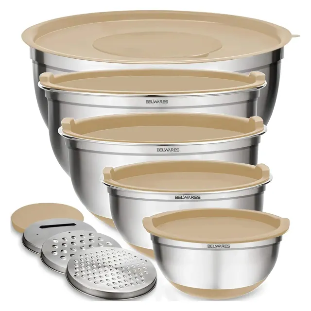 Mixing Bowls with Lids Set - Nesting Bowls with Airtight Lids + Graters - Stainless Steel Non-Slip Mixing Bowl for Baking,