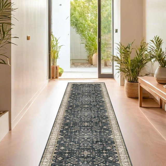 Hazo Haus Black Boho Washable 3x16 Extra Long Runner Rug for Hallway, Waterproof Large Kitchen Floor Rug, Non-Slip Stain & Fade Resistant, Vintage Floral Decor