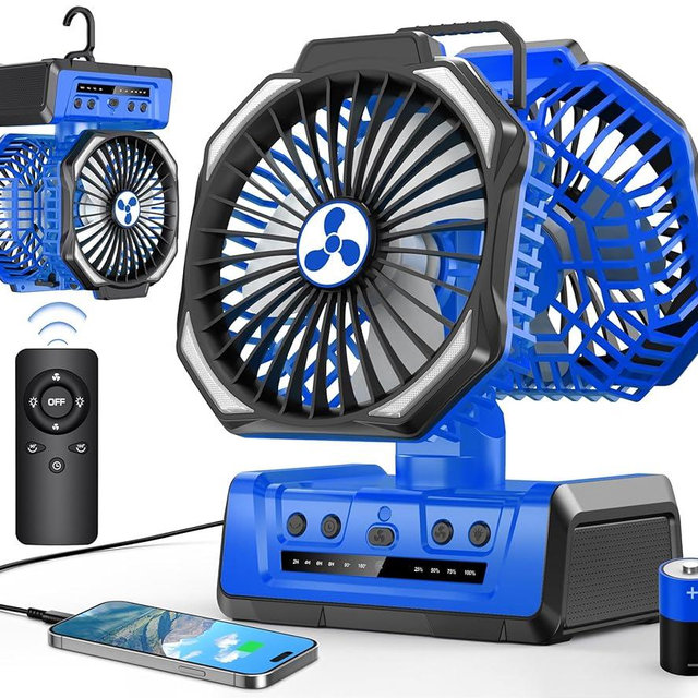 Dual Head Portable Rechargeable Fan 20000mAh Battery Powered Camping Fan Cordless with LED Lantern & Remote, Auto Oscillation, Hook, Battery Operated for Tent Office Travel Picnic Jobsite Orange