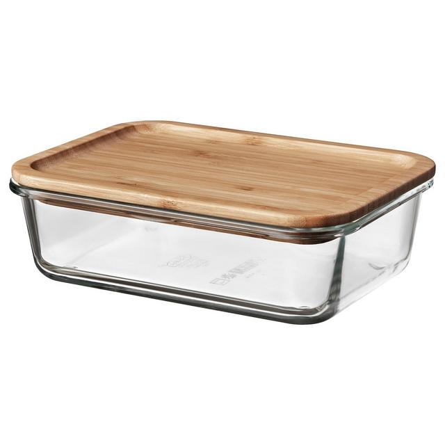 IKEA 365+ Food container with lid, rectangular glass/bamboo, 34 ozShow measurements specifications