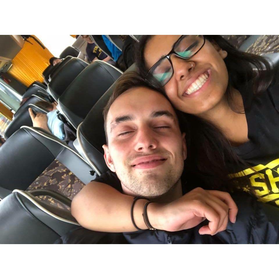Our first photo together- the coach ride back from Croatia.