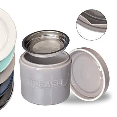 GREY Bacon Grease Oil Container Storage Can Keeper w/Stainless Strainer Pour Spout Ceramic Porcelain Stoneware Fat Separator Filter