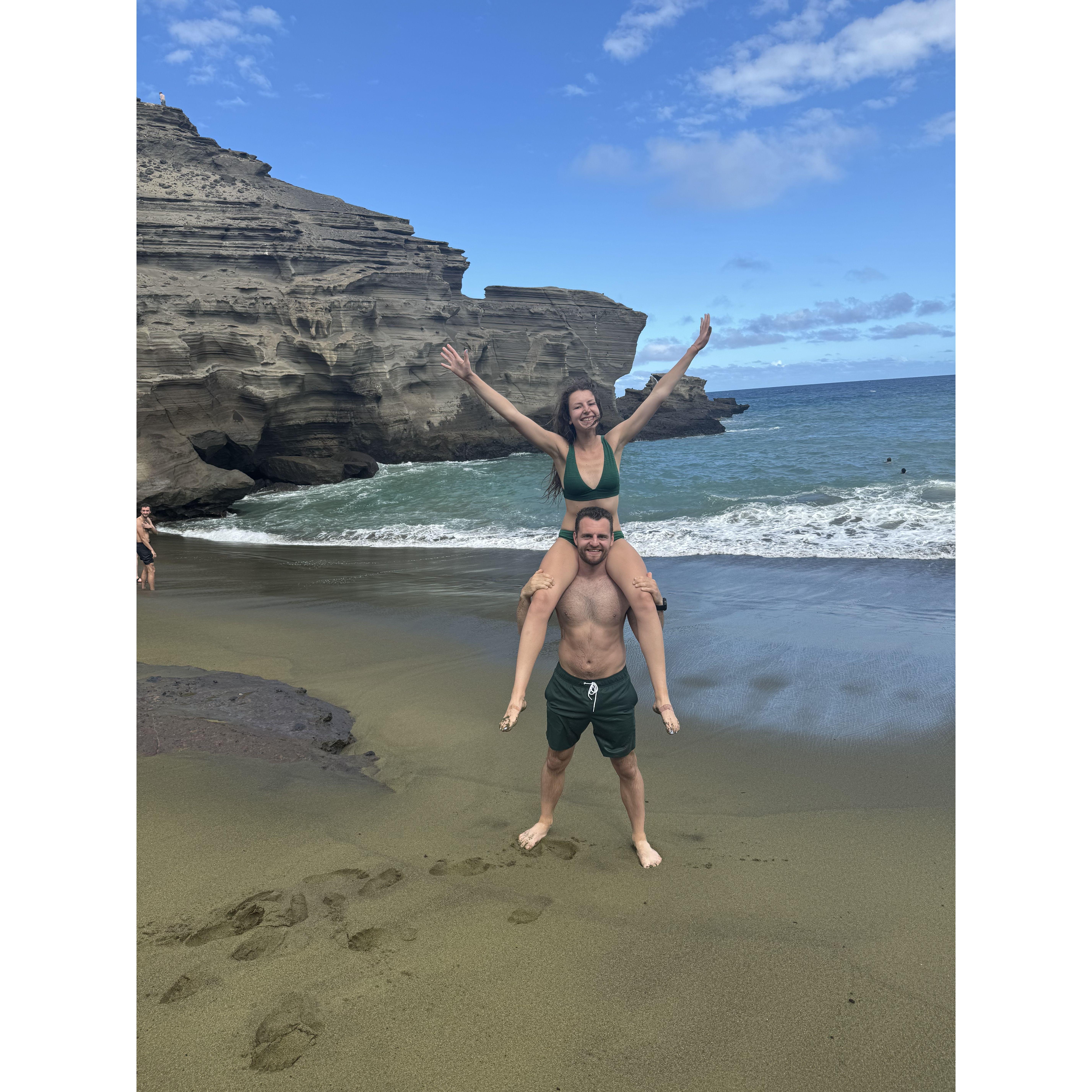 Visiting the green sand beach on the Big Island of Hawaii.