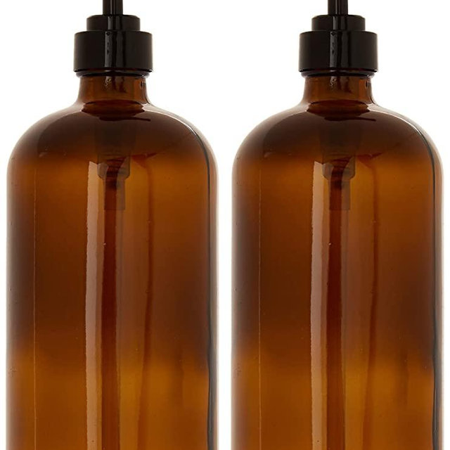 kitchentoolz 32-Ounce Large Amber Glass Boston Round Bottles w/Black Pumps. Great for Lotions, Soaps,Oils, Sauces - Food Safe and Medical Grade (Pack of 2 Bottles)