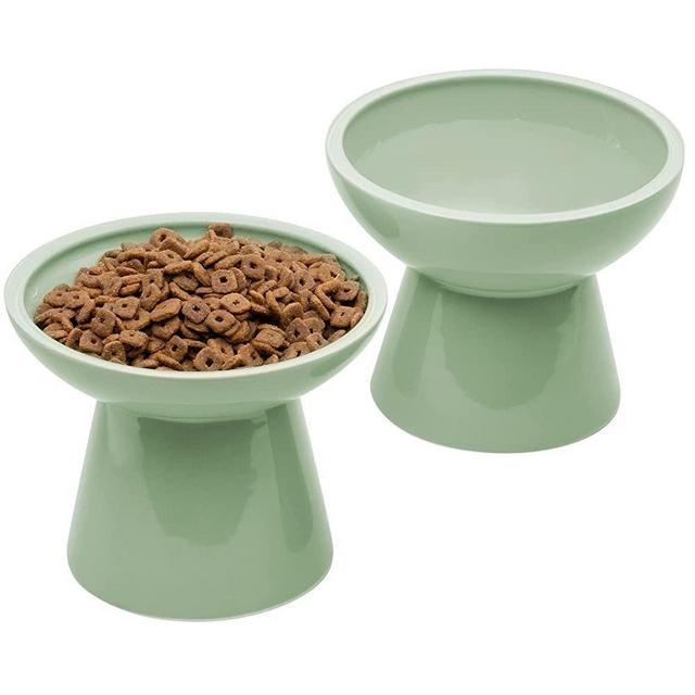 Double Elevated Cat Bowl Anti-Vomiting Cat Feeder Whisker Stress-Fre Dog Bowls Ceramic Cat Feeding Bowls Pea Green
