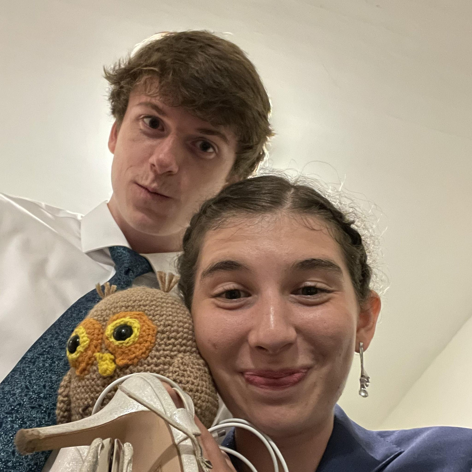 Being silly after a wonderful time at Shelby & Luke's wedding! We then watched K-Pop Demon Hunters until it was waaaay past our bedtime. (oh- and Mable crocheted that owl!)