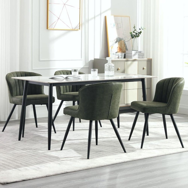 ROCITY Modern Upholstered Dining Chairs Set of 4 Green Leather Dining Room Chairs Armless Kitchen Chair with Black Metal Legs