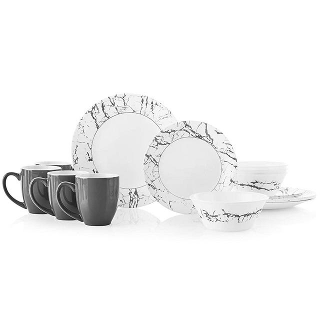 Corelle 16-Piece Dinnerware Set Service for 4, Chip Resistant, Glass, Stone Grey, Vitrelle