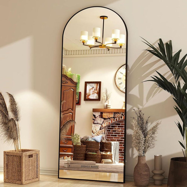 65"x24" Arch Floor Mirror, Full-Length Wall Mirror with Stand - Black, Aluminum Alloy Frame, Ideal for Bathroom, Dressing Room - Hanging or Leaning Arched-Top Design - Full Body Mirror for Bedroom
