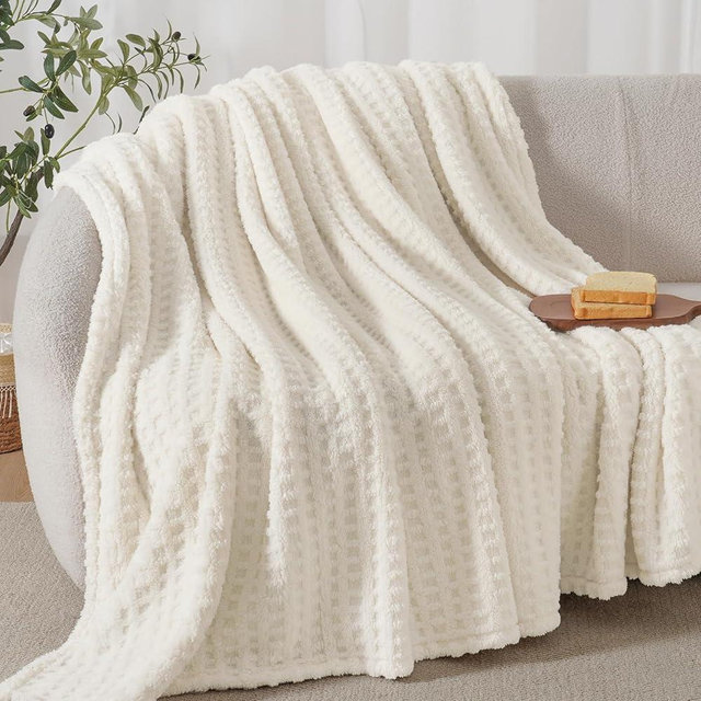 David's Home Ultra Soft Fleece Blanket Queen Size for Bed, Plush Shaggy Fluffy 3D Jacquard Waffle Throw for Couch, Warm Lightweight for Fall Winter,Fuzzy Aesthetic Room Decor,90x90 inches,Cream