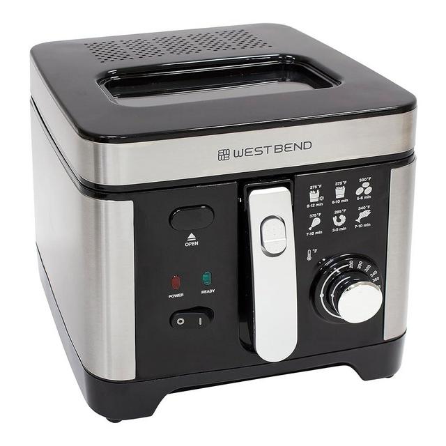 West Bend Deep Fryer with Adjustable Temperature Control Nonstick Basket Easy-View Window and Temperature Guide, Folding Handle and Locking Cover for Easy Storage, 3-Liter, Silver,Black