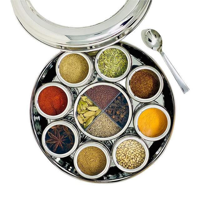 Stainless Steel Spice Box | Salt Pepper Unique Design for Spices | Spice Box with Individual Containers | Indian Masala Dabba (SPICE BOX ONLY)