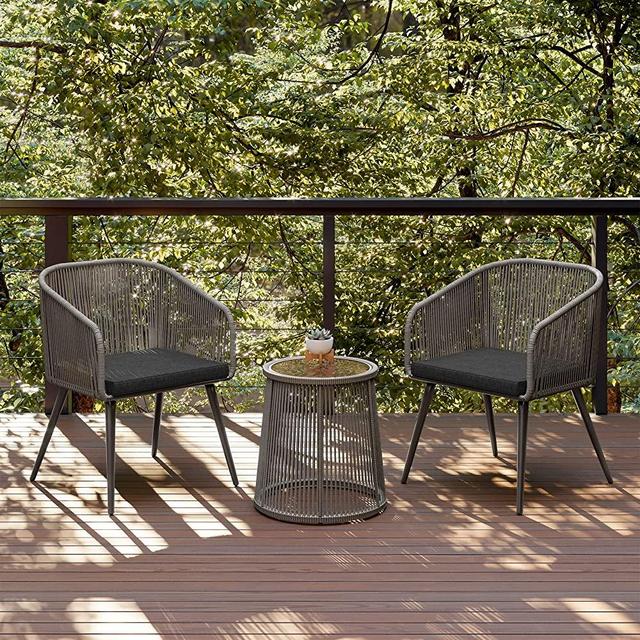 EAST OAK Patio Furniture Set, 3-Piece Outside Bistro Set Handwoven Rattan Wicker Chairs with Waterproof Cushions, Tempered Glass Table, Outdoor Conversation Set for Porch, Light Grey & Dark Grey