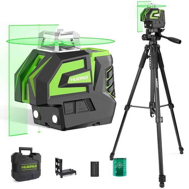 Huepar Self-Leveling Green Laser Level Cross Line with 2 Plumb Dots Laser Tool -360 Horizontal Line Plus Vertical Beam with 62" Lightweight Extendable Tripod -Li-ion Battery&Magnetic Base 7211CG&T16A